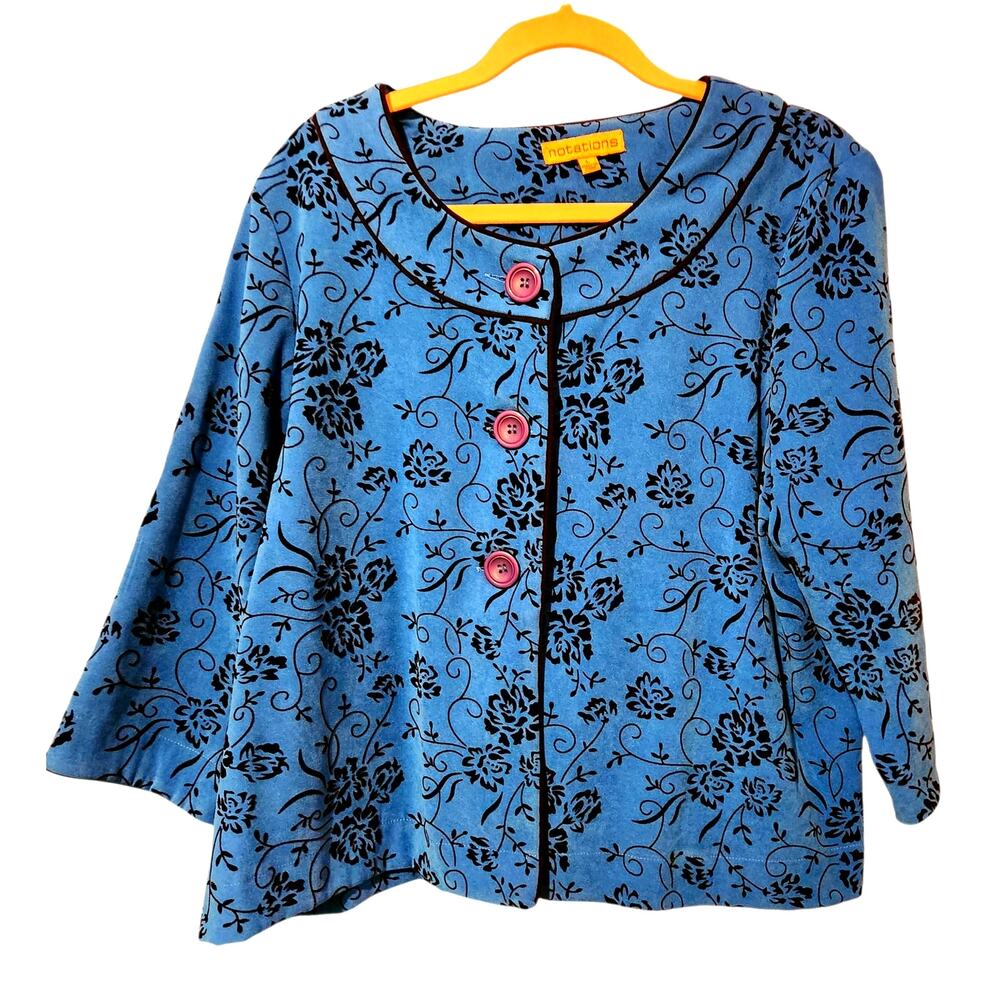 Notations Blue Floral Velvet Flocked Jacket – Size Large